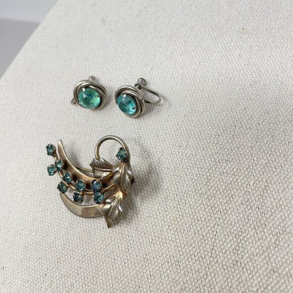 Vintage Silver-Tone Brooch & Earring Set Aqua Stones Leaves Floral Spray‎ Retro - Picture 2 of 11